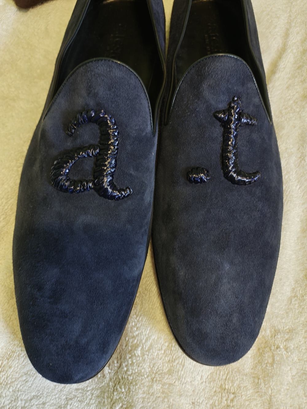 a. testoni Men's Dark Navy Suede Slip-On Loafers with Embroidered 'a.t' 12 G